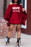 Red Casual Letter Print Basic Off the Shoulder Lantern Skirt Dresses