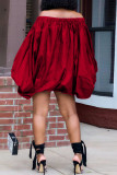 Red Casual Letter Print Basic Off the Shoulder Lantern Skirt Dresses