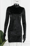Black Casual Solid Basic Turtleneck Long Sleeve Dresses