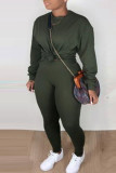 Army Green Casual Solid O Neck Long Sleeve Two Pieces