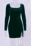 Ink Green Sexy Casual Solid Bandage Backless Square Collar Long Sleeve Dresses