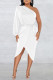White Casual Solid Patchwork Backless Oblique Collar Long Sleeve Dresses
