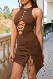 Brown Sexy Solid Hollowed Out Draw String Frenulum O Neck Sleeveless Dress