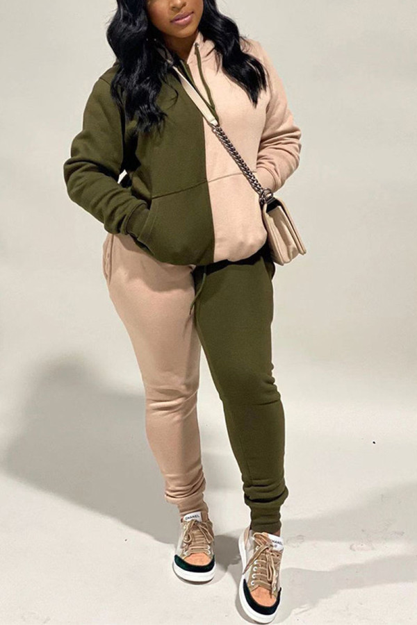 Army Green Street Sportswear Print Solid Patchwork Hooded Collar Long Sleeve Two Pieces