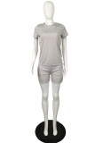 Grey Casual Solid Basic O Neck Short Sleeve Two Pieces