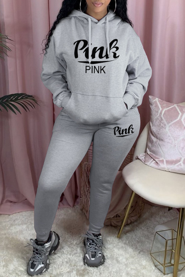 Grey Casual Letter Print Basic Hooded Collar Long Sleeve Two Pieces