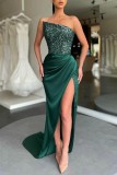 Green Sexy Patchwork Sequins Backless Slit Strapless Evening Dress Dresses