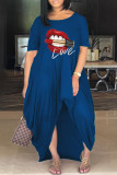 Blue Casual Print Asymmetrical O Neck Short Sleeve Dress Plus Size Dresses