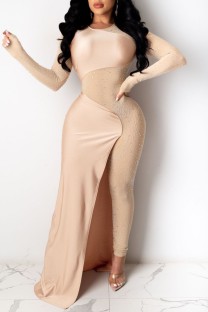 Apricot Casual Patchwork Hot Drilling See-through O Neck Plus Size Jumpsuits