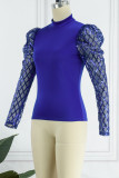Blue Casual Patchwork Sequins See-through Turtleneck Tops
