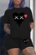 Black Casual Print Patchwork O Neck Short Sleeve Two Pieces