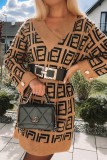 Coffee Casual Print Patchwork V Neck Long Sleeve Dresses (Without Belt)