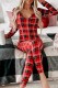 Red Casual Living Plaid Print Basic V Neck Long Sleeve Two Pieces