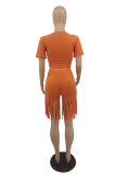 Orange Sexy Solid Tassel O Neck Short Sleeve Two Pieces