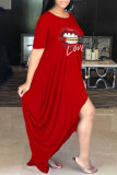 Red Casual Print Asymmetrical O Neck Short Sleeve Dress Plus Size Dresses
