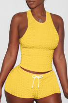 Yellow Sexy Sportswear Solid Patchwork Spaghetti Strap Sleeveless Two Pieces