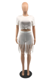 Light Purple Sexy Solid Tassel O Neck Short Sleeve Two Pieces