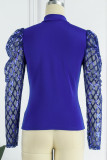 Blue Casual Patchwork Sequins See-through Turtleneck Tops
