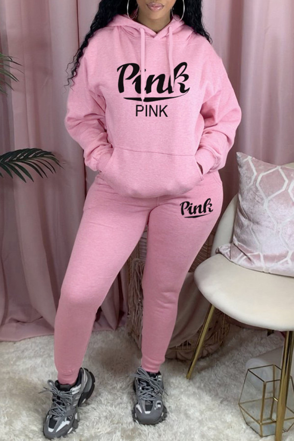 Pink Casual Letter Print Basic Hooded Collar Long Sleeve Two Pieces