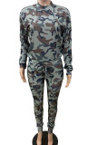 Grey venetian Fashion Active adult Ma'am Camouflage Two Piece Suits pencil Long Sleeve Two Pieces