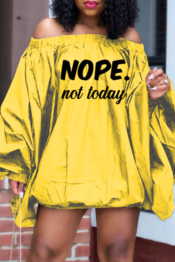 Yellow Casual Letter Print Basic Off the Shoulder Lantern Skirt Dresses
