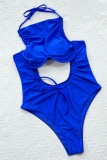 Blue Sexy Solid Hollowed Out Backless Swimwears (With Paddings)