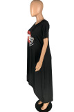Black Casual Print Asymmetrical O Neck Short Sleeve Dress Plus Size Dresses