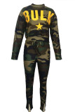 Army Green Casual Print O Neck Long Sleeve Two Pieces