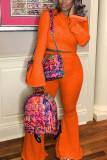 Orange Sexy Solid Patchwork Hooded Collar Long Sleeve Two Pieces
