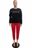 Red Casual Print Letter O Neck Long Sleeve Two Pieces