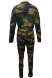 Army Green Casual Print O Neck Long Sleeve Two Pieces