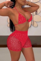 Red Sexy Patchwork Sequins See-through Backless Swimwears