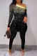 Black White Casual Print Patchwork Slit Oblique Collar Long Sleeve Two Pieces