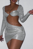 Silver Sexy Pierced Bright Silk Square Collar Pencil Skirt Dresses