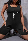 Black Fashion Casual Print Vests U Neck Regular Rompers