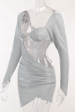 Silver Sexy Pierced Bright Silk Square Collar Pencil Skirt Dresses