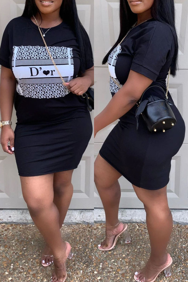 Black Casual Print Basic O Neck Short Sleeve Dress