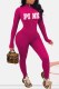 Rose Red Sexy Print Letter Zipper Collar Jumpsuits