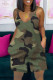 Green Casual Camouflage Print Patchwork Spaghetti Strap Loose Rompers