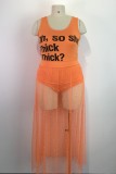 Orange Sexy Casual Letter Print See-through Beading U Neck Plus Size Swimwear