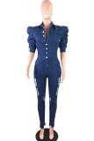 Dark Blue Street Solid Turndown Collar Regular Jumpsuits