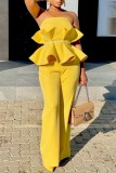 Yellow Casual Solid Patchwork Backless Strapless Regular Jumpsuits