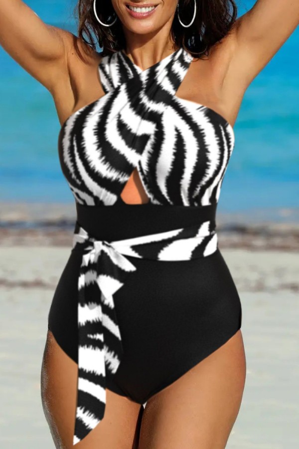 Black White Sexy Print Patchwork Backless Swimwears (With Paddings)