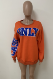 Tangerine Red Casual Print Letter O Neck Tops