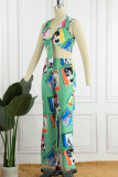Green Sexy Casual Print Bandage V Neck Sleeveless Two Pieces