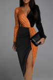 Orange Sexy Patchwork Slit Contrast V Neck Long Sleeve Dresses
