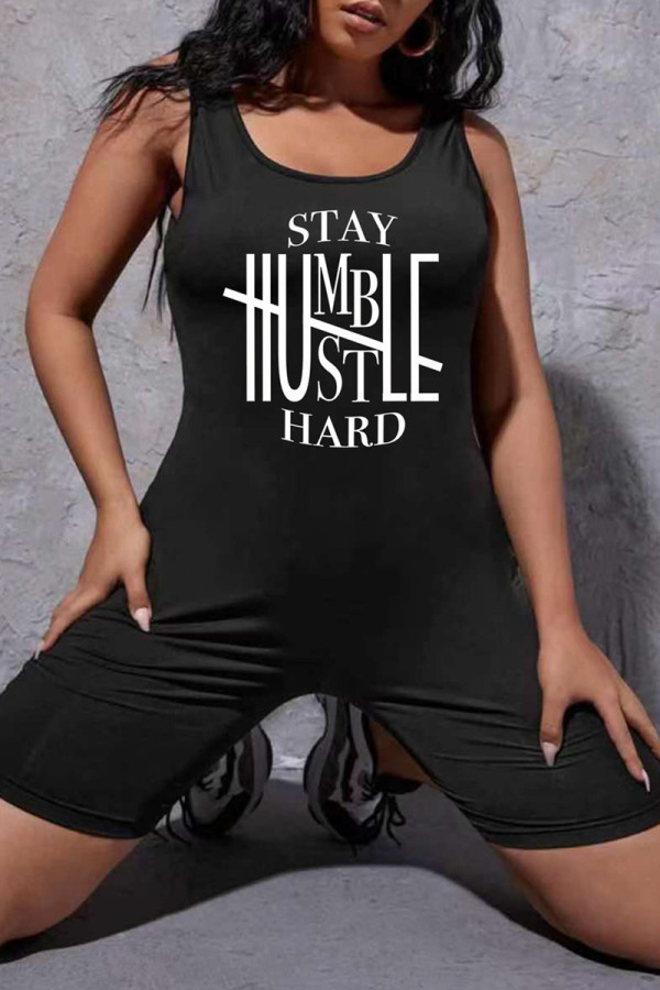 Black Fashion Casual Print Vests O Neck Regular Romper