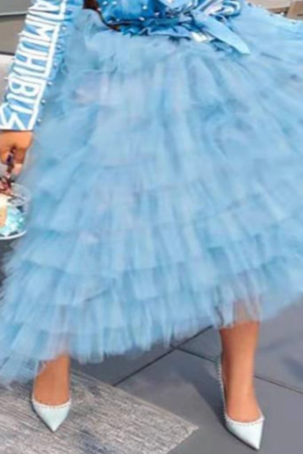 Blue Casual Solid Patchwork Plus Size Skirt