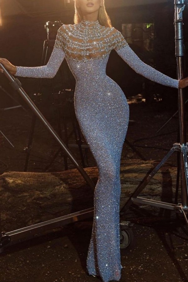 Silver Sexy Formal Patchwork Hot Drilling See-through Half A Turtleneck Evening Dress Dresses