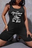Black Fashion Casual Letter Print Vests U Neck Regular Romper